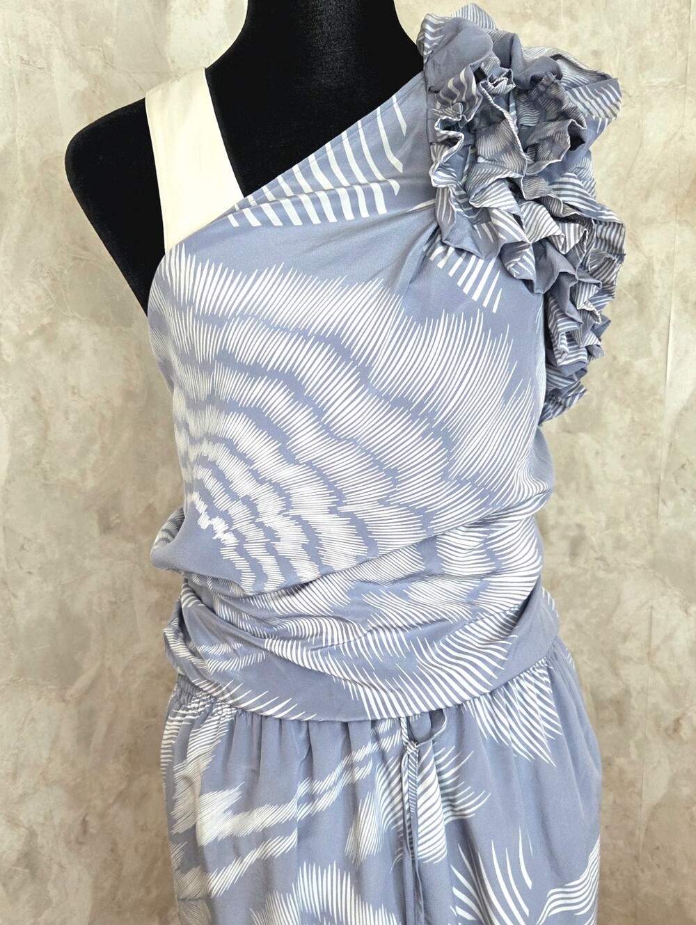 Robert Rodriguez Silk One Shoulder Dress Size 6 Blue White Ruffle Resort Vacatio - Picture 3 of 15